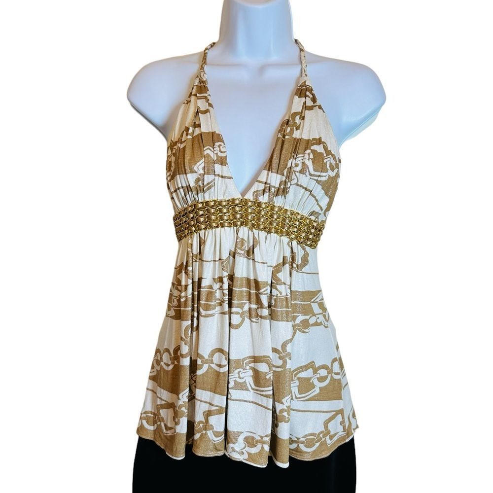 SKY Gold White Shimmering Plunging V-Neck Halter Top With Woven Belt Size Medium